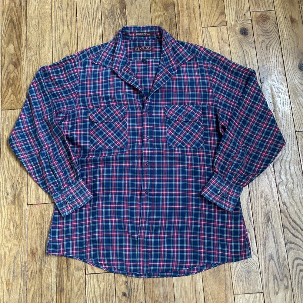 Luciens Vintage Plaid Button Up Shirt Mens Large Red Blue Yellow Long Sleeve